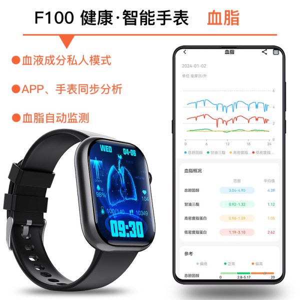小狮F100心电心率尿酸血脂检测健康提醒蓝牙通话智能手表 - 图片 4